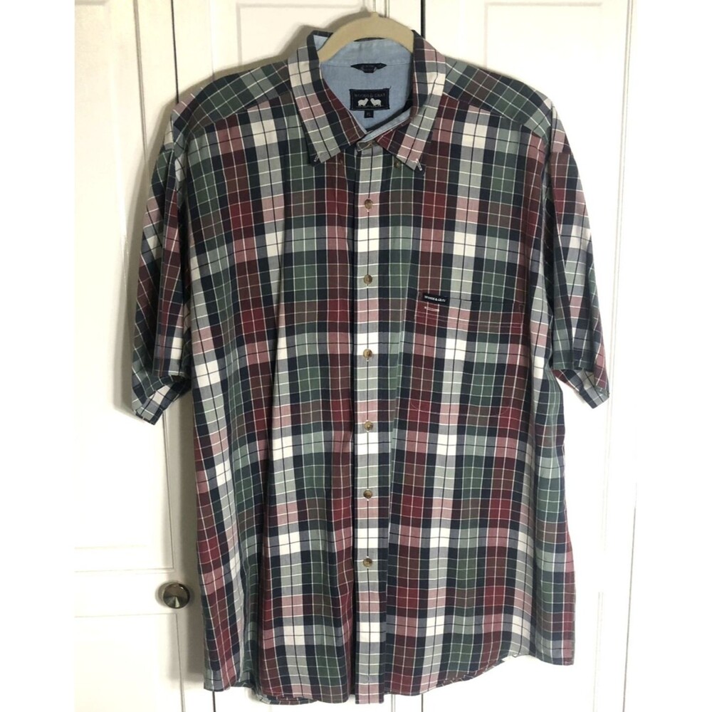 Woods & Gray Men's XL Plaid Shirt Short Sleeve Button Down Cotton Red Green Navy